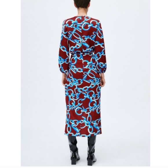 ZARA MULTICOLOURED CHAIN PRINT MIDI DRESS WITH KNOT DETAIL - Picture 10 of 11
